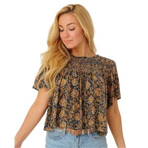 Free People Floral Printed Smocked Crop Top - M